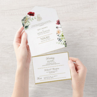 Islamic WEDDING NIKAH WALLIMAH Gold Floral All In  One Invitation
