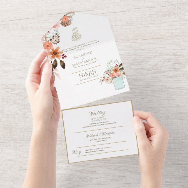 Islamic WEDDING NIKAH WALLIMAH Gold Floral All In  One Invitation (Tearaway)