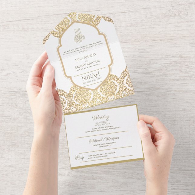Islamic WEDDING NIKAH WALLIMAH Gold Ornate All In  One Invitation (Tearaway)