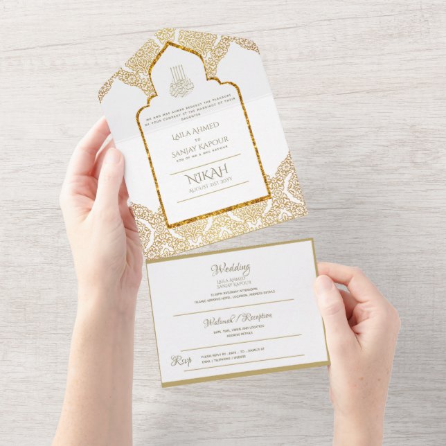 Islamic WEDDING NIKAH WALLIMAH Gold Ornate All In One Invitation (Tearaway)