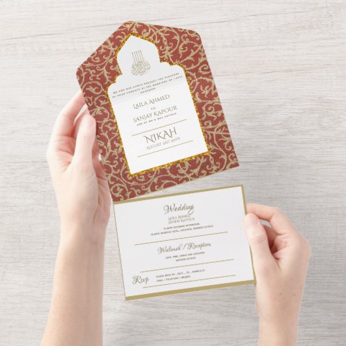 Islamic WEDDING NIKAH WALLIMAH Gold Red Ornate All In One Invitation