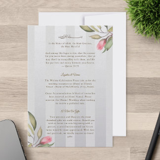 Islamic Wedding | Pink Peony Floral Gray Stripe Enclosure Card