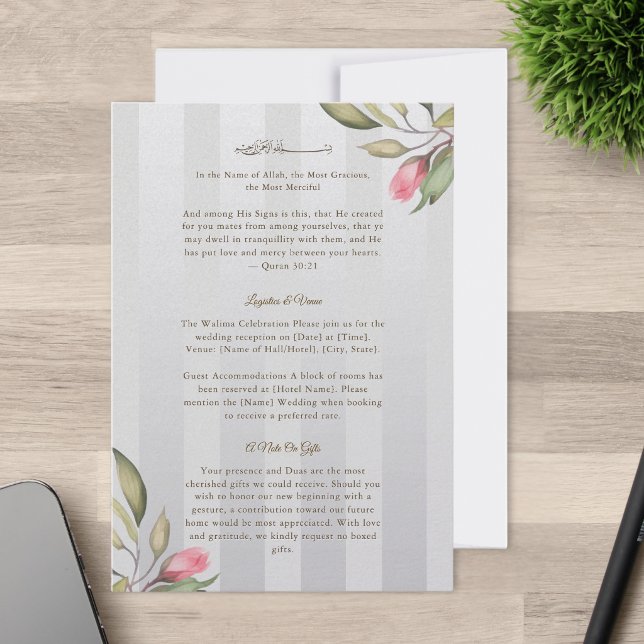 Islamic Wedding | Pink Peony Floral Gray Stripe Enclosure Card (Creator Uploaded)