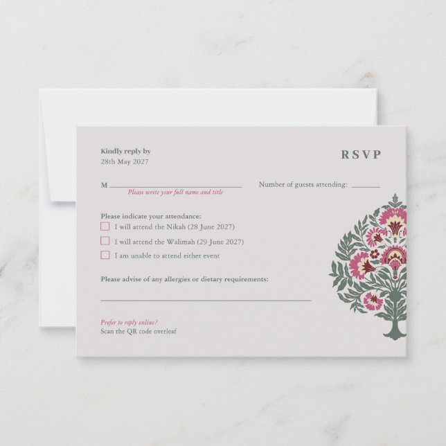 Islamic Wedding RSVP Card – Soft-Gray Mughal (Front)