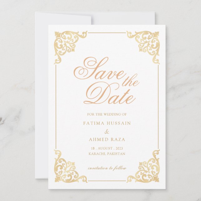 Islamic White Save The Date Announcement Card (Front)