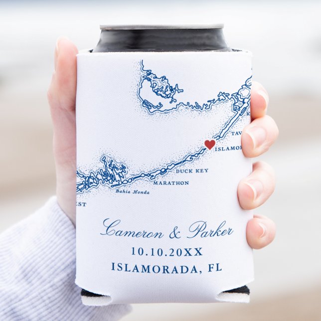Islamorada FL Map Elegant Navy Blue Wedding Favor Can Cooler (Islamorada Florida Keys Wedding Favor Can Coozie in Elegant Navy Blue from Coastal Map Designs)