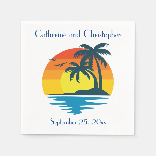 Island Beach Palm Tree Tropical Wedding or Party Napkins (Front)