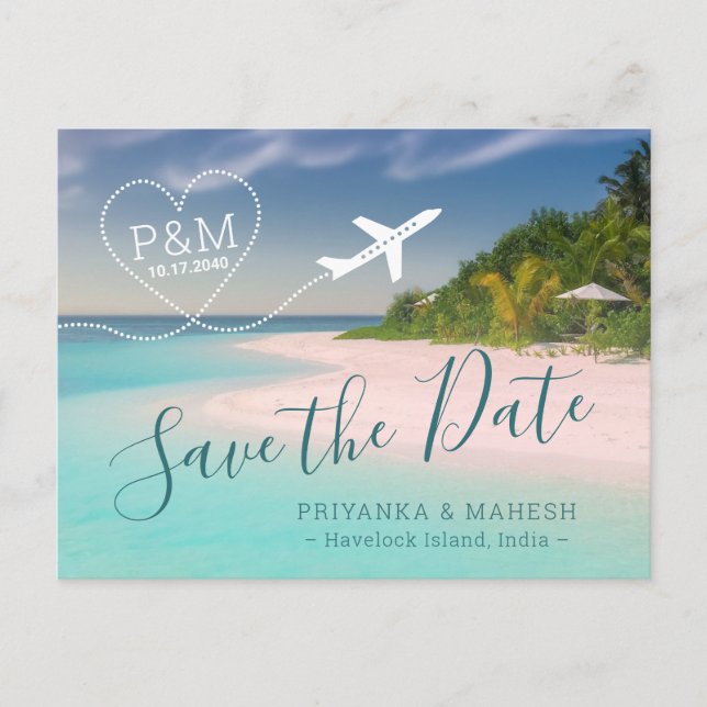 Island Beach Wedding Heart Airplane Save the Date Announcement Postcard (Front)