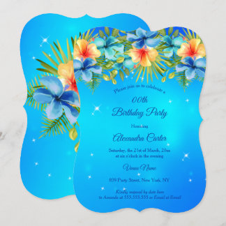 Island Blue yellow Hibiscus Tropical Floral Party Invitation