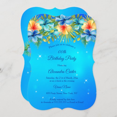 Island Blue yellow Hibiscus Tropical Floral Party Invitation