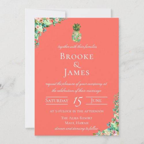 Island Botanical Pineapple Coral Wedding Invitation