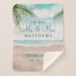 Island Breeze Beach the New Mr. & Mrs. Newlyweds Sherpa Blanket<br><div class="desc">Island Breeze Painted Beach Scene, with Ocean Waves, Sandy Beach, and Palm Trees, with a beautiful teal blue sky. With Modern Typography Script Fonts. A Summer Tropical Beach, Or destination wedding design - personalized The new Mr. & Mrs. Name written in the stars & Date, Monogram Newlywed Keepsake Sherpa Blanket!...</div>