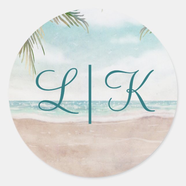 Island Breeze Painted Beach Scene Monogram Wedding Classic Round Sticker (Front)