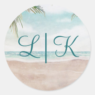 Island Breeze Painted Beach Scene Monogram Wedding Classic Round Sticker