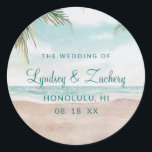 Island Breeze Painted Beach Scene Monogram Wedding Classic Round Sticker<br><div class="desc">Island Breeze Painted Beach Scene, with Ocean Waves, Sandy Beach, and Palm Trees, with a beautiful teal blue sky. With Modern Typography Script Fonts. A Summer Tropical Beach, Or destination wedding design - Personalized Wedding Monogram Name Stickers! ~ Check my shop to see the entire wedding suite for this design!...</div>