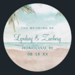 Island Breeze Painted Beach Scene Monogram Wedding Classic Round Sticker<br><div class="desc">Island Breeze Painted Beach Scene, with Ocean Waves, Sandy Beach, and Palm Trees, with a beautiful teal blue sky. With Modern Typography Script Fonts. A Summer Tropical Beach, Or destination wedding design - Personalized Wedding Monogram Name Stickers! ~ Check my shop to see the entire wedding suite for this design!...</div>