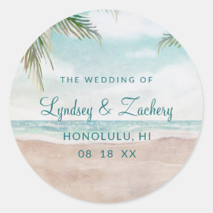 Island Breeze Painted Beach Scene Monogram Wedding Classic Round Sticker