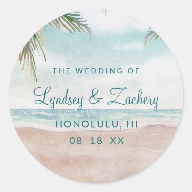Island Breeze Painted Beach Scene Monogram Wedding Classic Round Sticker (Front)