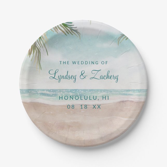 Island Breeze Painted Beach Scene Tropical Wedding Paper Plates (Front)