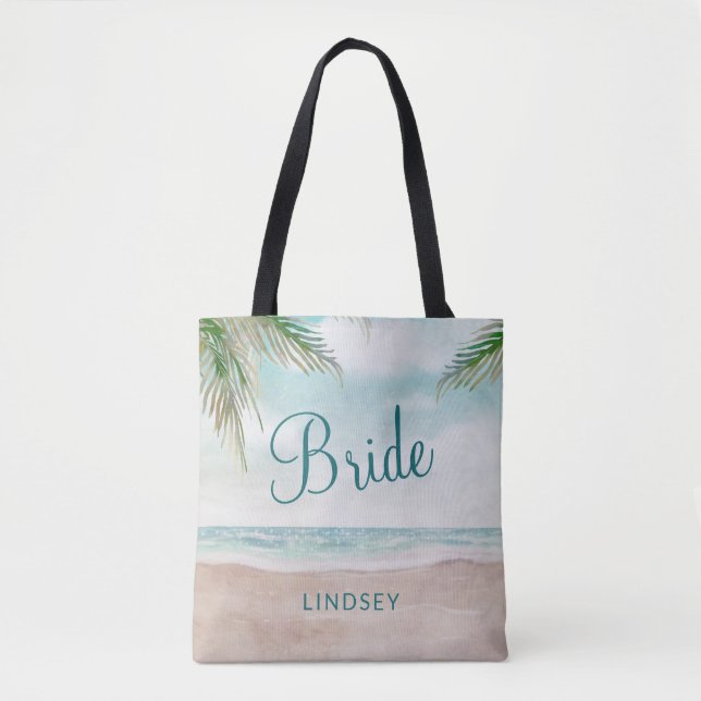 Island Breeze Painted Beach Scene Wedding Bride Tote Bag (Front)