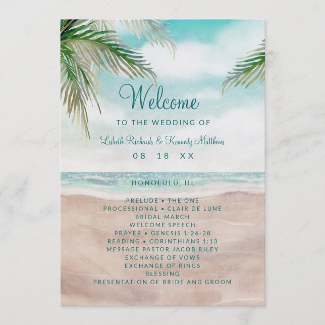 Island Breeze Painted Beach Scene Wedding Ceremony Program (Front)