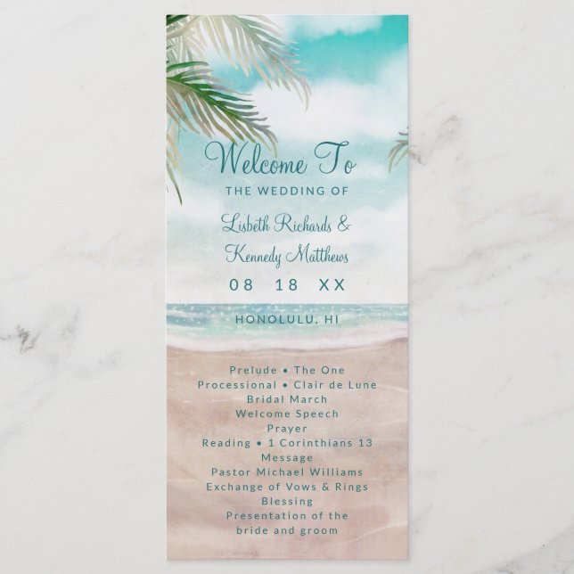 Island Breeze Painted Beach Scene Wedding Ceremony Program (Front)