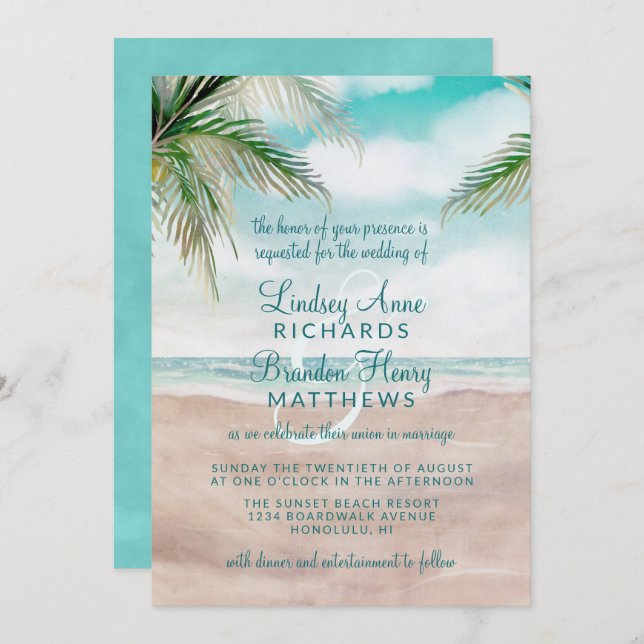 Island Breeze Painted Beach Scene Wedding Invitation (Front/Back)