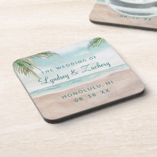 Island Breeze Painted Beach Scene Wedding Monogram Beverage Coaster