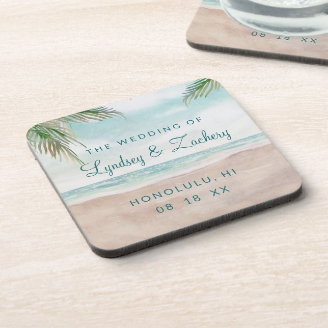 Island Breeze Painted Beach Scene Wedding Monogram Beverage Coaster (Left Side)