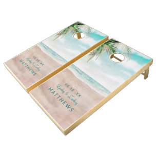 Island Breeze Painted Beach Scene Wedding Monogram Cornhole Set