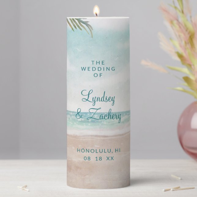 Island Breeze Painted Beach Scene Wedding Monogram Pillar Candle (In Situ)