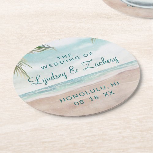 Island Breeze Painted Beach Scene Wedding Monogram Round Paper Coaster