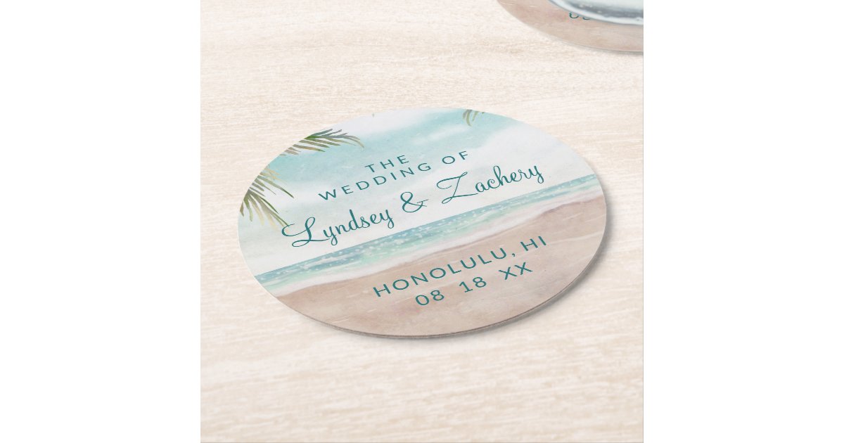 Island Breeze Painted Beach Scene Monogram Wedding Classic Round Sticker  #weddingmonogram #ClassicRoundSt…