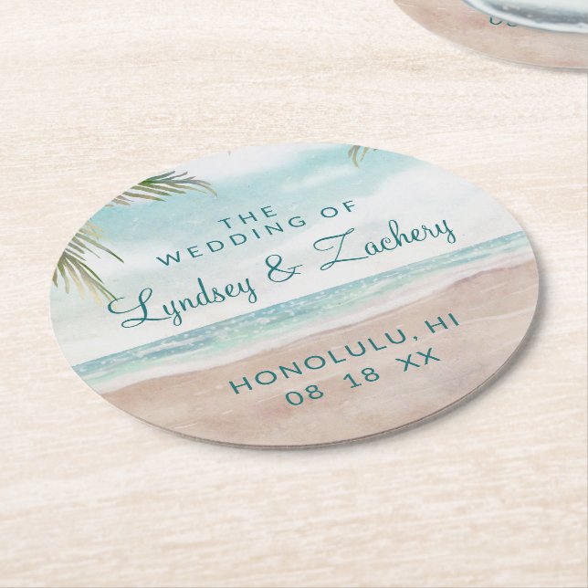Island Breeze Painted Beach Scene Wedding Monogram Round Paper Coaster (Angled)