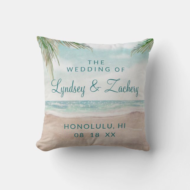 Island Breeze Painted Beach Scene Wedding Monogram Throw Pillow (Front)