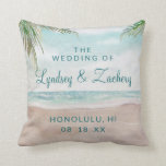Island Breeze Painted Beach Scene Wedding Monogram Throw Pillow<br><div class="desc">Island Breeze Painted Beach Scene, with Ocean Waves, Sandy Beach, and Palm Trees, with a beautiful teal blue sky. With Modern Typography Script Fonts. A Summer Tropical Beach, Or destination wedding design - Personalized Wedding Couple Monogram Throw or Ring Pillow! ~ Check my shop to see the entire wedding suite...</div>