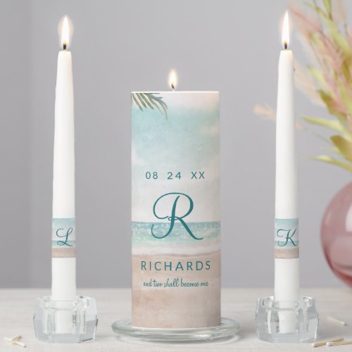 Island Breeze Painted Beach Scene Wedding Monogram Unity Candle Set