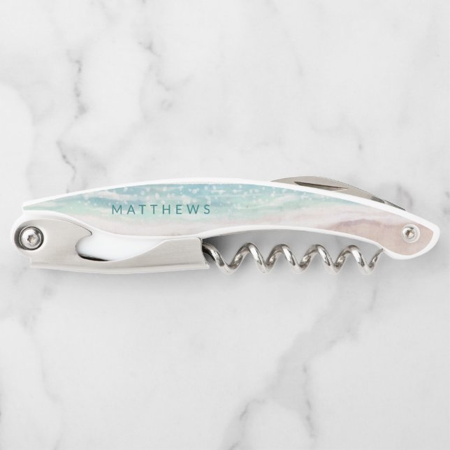Island Breeze Painted Beach Scene Wedding Monogram Waiter's Corkscrew (Front)