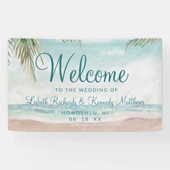Island Breeze Painted Beach Scene Wedding Welcome Banner (Horizontal)