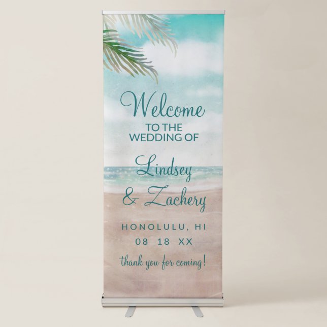 Island Breeze Painted Beach Scene Wedding Welcome Retractable Banner (Front)