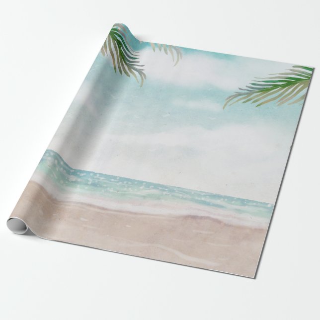 Island Breeze Painted Beach Scene Wedding Wrapping Paper (Unrolled)