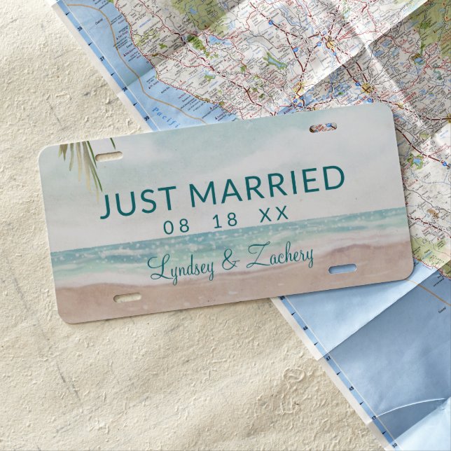 Island Breeze Painted Beach Wedding Just Married License Plate (In Situ)