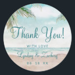 Island Breeze Painted Beach Wedding Thank You Classic Round Sticker<br><div class="desc">Island Breeze Painted Beach Scene, with Ocean Waves, Sandy Beach, and Palm Trees, with a beautiful teal blue sky. With Modern Typography Script Fonts. A Summer Tropical Beach, Or destination wedding design - Personalized Wedding Thank You Favor Stickers! ~ Check my shop to see the entire wedding suite for this...</div>