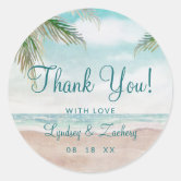 Island Breeze Painted Beach Scene Monogram Wedding Classic Round Sticker  #weddingmonogram #ClassicRoundSt…