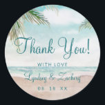 Island Breeze Painted Beach Wedding Thank You Classic Round Sticker<br><div class="desc">Island Breeze Painted Beach Scene, with Ocean Waves, Sandy Beach, and Palm Trees, with a beautiful teal blue sky. With Modern Typography Script Fonts. A Summer Tropical Beach, Or destination wedding design - Personalized Wedding Thank You Favor Stickers! ~ Check my shop to see the entire wedding suite for this...</div>