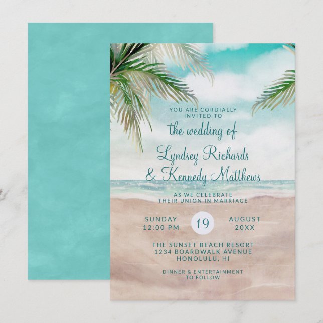 Island Breeze Palm Trees Beach Scene Wedding Invitation (Front/Back)