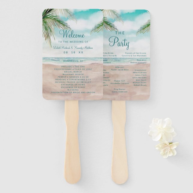 Island Breeze Sandy Beach Wedding Ceremony Program Hand Fan (Front and Back)