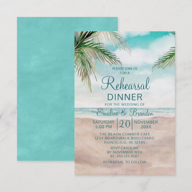 Island Breeze Sandy Beach Wedding Rehearsal Dinner Invitation (Front/Back)