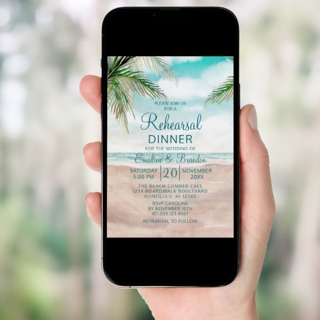 Island Breeze Sandy Beach Wedding Rehearsal Dinner Invitation (Front Digital)