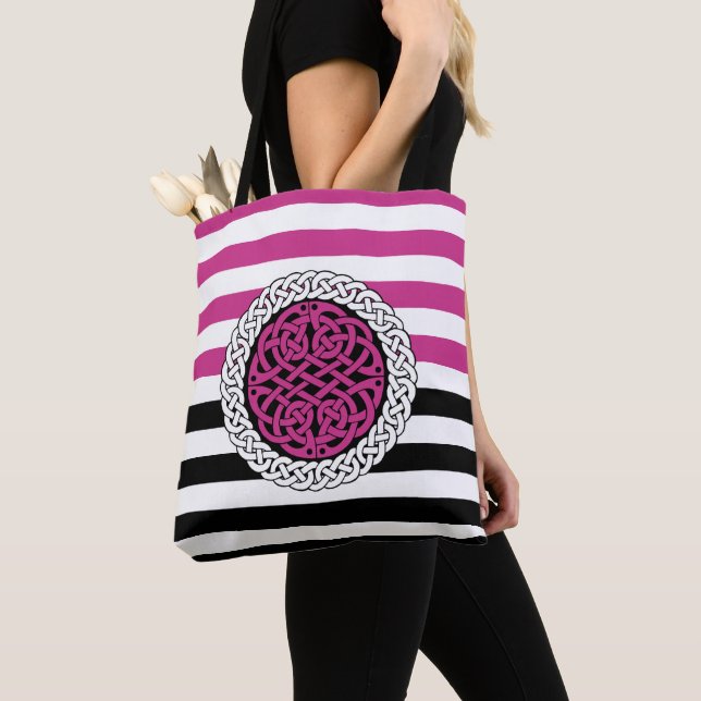 Island Celtic White/black/pink stripe,circle knot Tote Bag (Close Up)